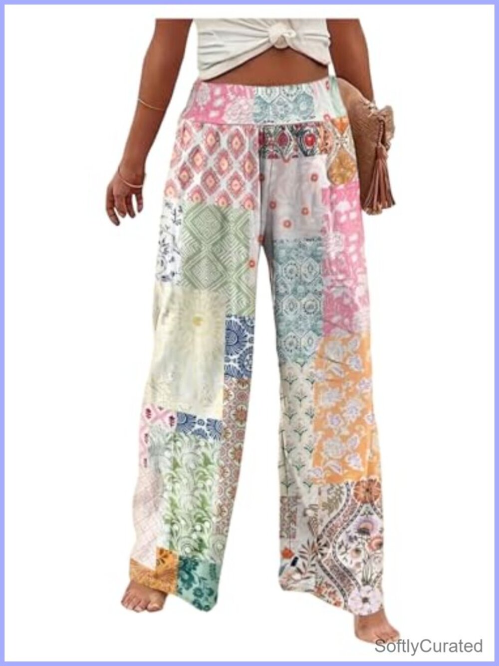 Boho Patchwork Wide Leg Palazzo Pants High Rise Pull On